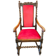 Grand Carved Oak Velvet Barley Twist Antique Armchair