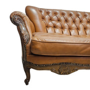 Ornate French Provincial Hand-Carved Leather Loveseat