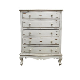 Vintage French Provincial Distressed White 5-Drawer Chest