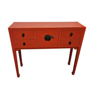 Vibrant Crimson Oriental Console Table with Classic Brass Hardware