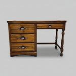 Vintage Oak Student Kneehole Writing Desk with Industrial Metal Pulls