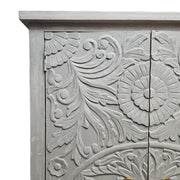 Hand-Carved Mandala Wooden Cabinet in Distressed White