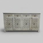 Handcrafted Distressed Grey Carved Floral Solid Wood Sideboard
