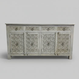 Handcrafted Distressed Grey Carved Floral Solid Wood Sideboard