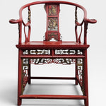 Antique Red Lacquer Horseshoe Armchairs and Tea Table Set