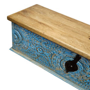 Indian Vintage Hand-Carved Blue Patina Wooden Storage Trunk