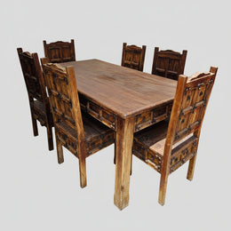 Medieval Style Teakwood Dining Table and Six Panel Back Chairs Set