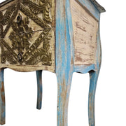 Artisan Carved Bohemian Nightstand in Distressed Blue & Gold