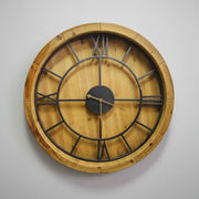 Oversized Industrial Wooden and Black Iron Roman Numeral Wall Clock