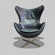 Arne Jacobsen Style Black Leather Egg Swivel Lounge Chair