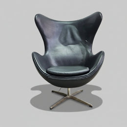 Arne Jacobsen Style Black Leather Egg Swivel Lounge Chair
