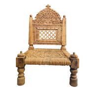 Hand-Carved Rustic Wood Chair with Jute Weave Seat