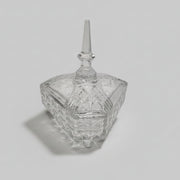 Faceted Vintage Cut Crystal Triangular Footed Candy Dish with Finial Lid