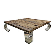 Industrial Reclaimed Railway Sleeper Wood and Polished Chrome Square Coffee Table