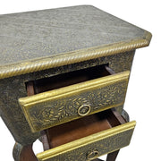 Vintage Style Brass Embossed Two Drawer Tall Side Table