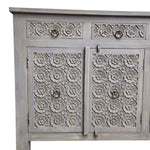 Handcrafted Distressed Grey Carved Floral Solid Wood Sideboard