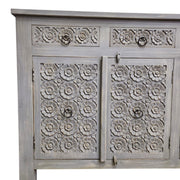 Handcrafted Distressed Grey Carved Floral Solid Wood Sideboard