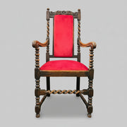 Grand Carved Oak Velvet Barley Twist Antique Armchair