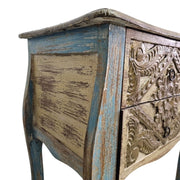 Artisan Carved Bohemian Nightstand in Distressed Blue & Gold