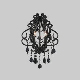 Black chandelier with crystal accents on a gray background