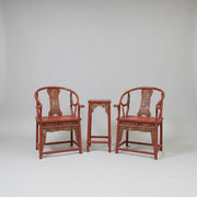 Antique Red Lacquer Horseshoe Armchairs and Tea Table Set