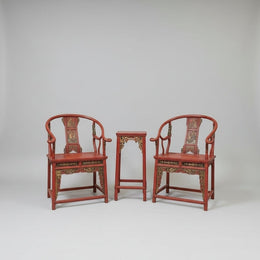 Antique Red Lacquer Horseshoe Armchairs and Tea Table Set