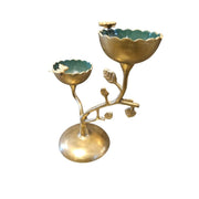 Whimsical Botanical Brass and Sage Green Two Arm Candelabra