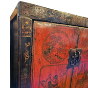Antique Chinese Red Lacquer Hand Painted Small Side Cabinet