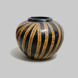Artistic Zebra Striped Matt Black and Textured Ochre Ceramic Pot