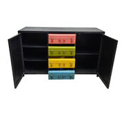 Industrial Matte Black Metal Credenza with Multi-Colored Trunk Drawers