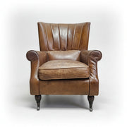THE One Vintage-Style Fluted Brown Leather Armchair on Castors