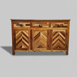 Artisanal Mixed Timber Chevron Parquet Solid Wood Sideboard