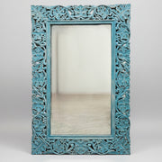 Artisanal Distressed Teal Hand Carved Solid Wood Wall Mirror