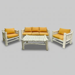 Coastal White Washed Solid Wood Outdoor Lounge Set with Ochre Cushions