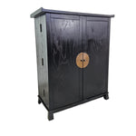 Traditional Black Chinese Wooden Bar Cabinet with Brass Medallion