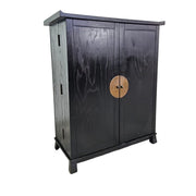 Traditional Black Chinese Wooden Bar Cabinet with Brass Medallion
