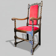 Grand Carved Oak Velvet Barley Twist Antique Armchair