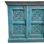 Detailed Mandala Carved Blue Distressed Wood Three Door Sideboard